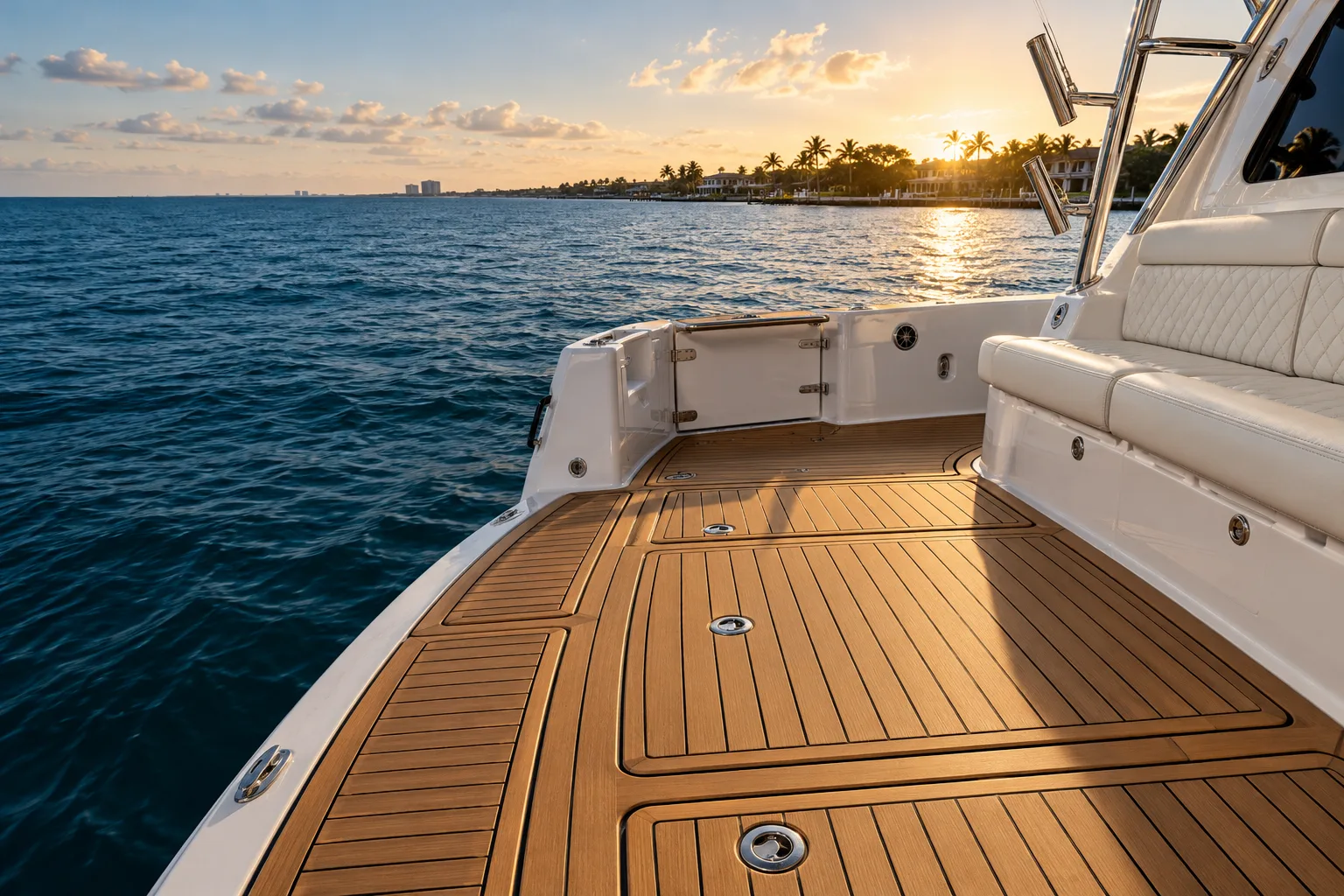 Camel-colored teak-style decking on a sportfishing yacht overlooking the Florida coast
